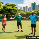 생활체육지도사와 팀워크 중요성 - A diverse group of amateur athletes training together outdoors in a sunny Brazilian park, all wearin...