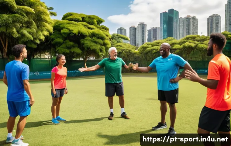 생활체육지도사와 팀워크 중요성 - A diverse group of amateur athletes training together outdoors in a sunny Brazilian park, all wearin...