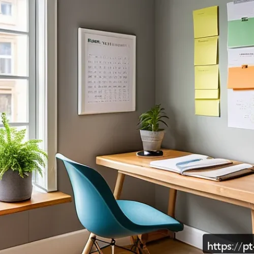 Home 32 생활체육지도사 이론 공부 방법 - A modern, cozy study room bathed in natural sunlight from large windows, featuring a neatly organize...