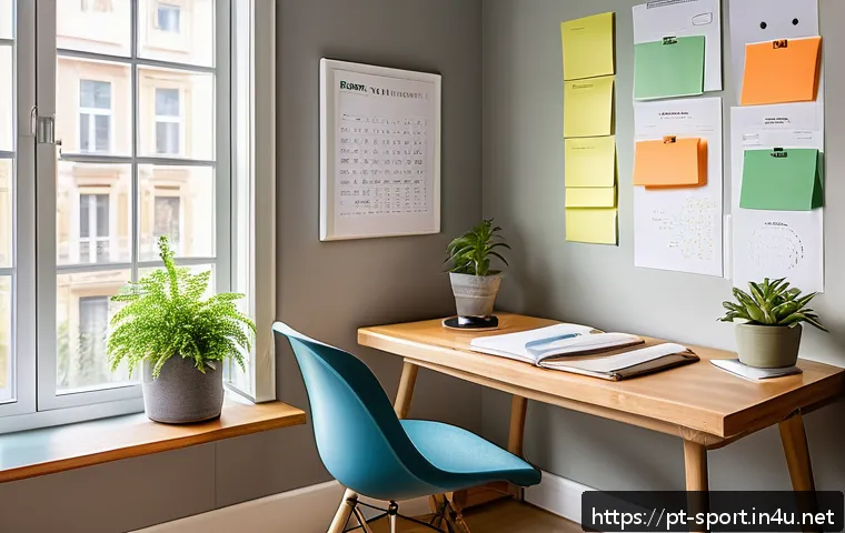 생활체육지도사 이론 공부 방법 - A modern, cozy study room bathed in natural sunlight from large windows, featuring a neatly organize...