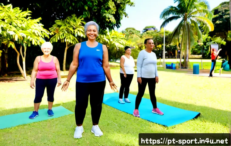 생활체육지도사와 지역 주민 건강 증진 - Photorealistic community fitness instructor leading a diverse group of Brazilian adults and seniors ...