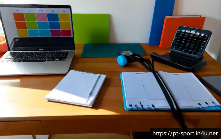 생활체육지도사 자기계발 플랜 - Photorealistic Portuguese-speaking community sports instructor in a bright home office, creating a p...